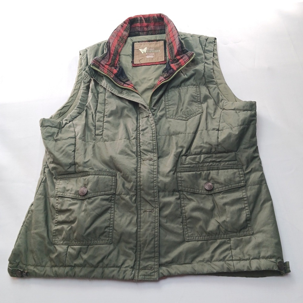 Natural Reflections Womens XL Olive Green Quilted Puffer Vest Plaid Flannel Trim